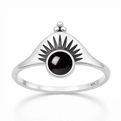 Sterling Silver Oxidized And Polished 12.5mm Sunburst Black Agate Stone Ring