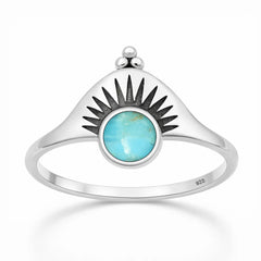 Sterling Silver Oxidized And Polished 12.5mm Sunburst Turquoise Stone Ring