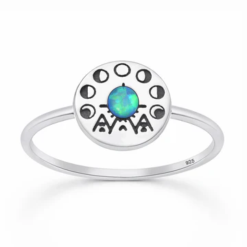 Sterling Silver Oxidized And Polished Tribal Moon Phase Blue Lab Opal Ring