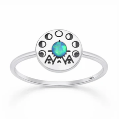 Sterling Silver Oxidized And Polished Tribal Moon Phase Blue Lab Opal Ring