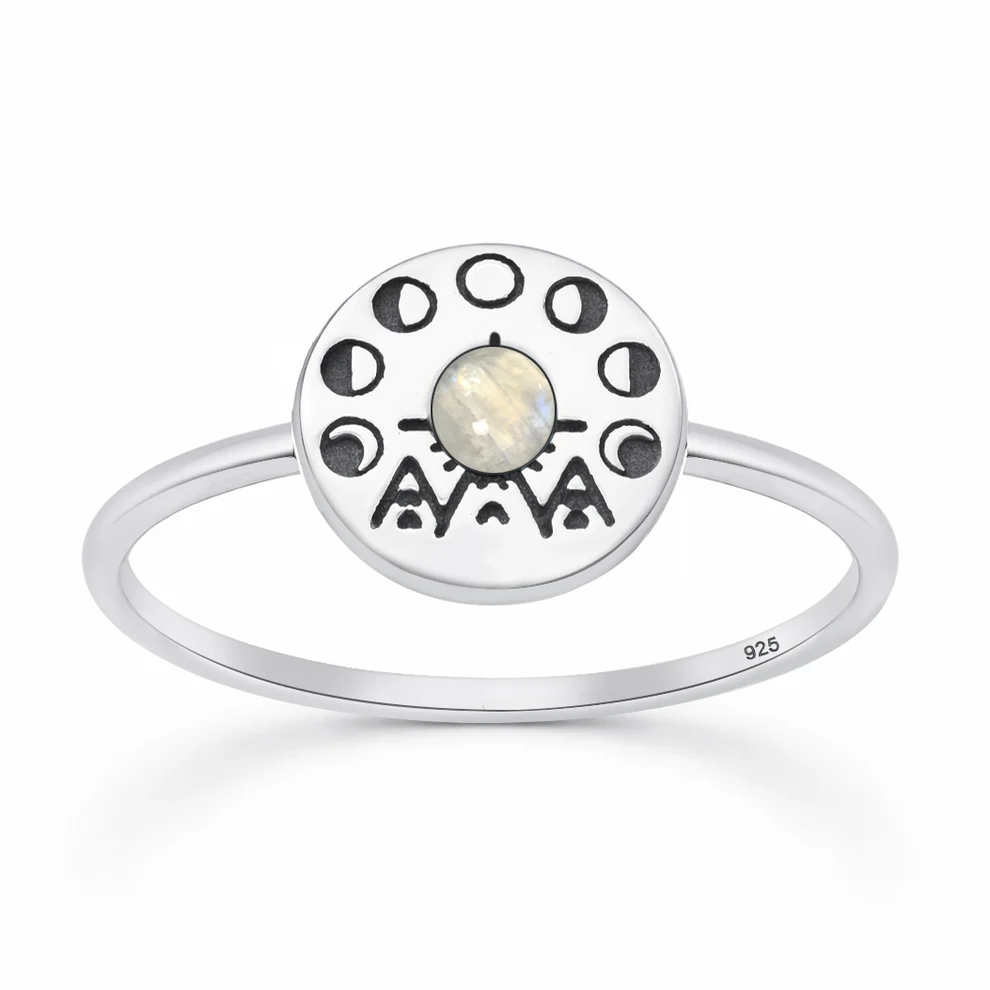 Sterling Silver Oxidized And Polished Tribal Moon Phase Moonstone Stone Ring