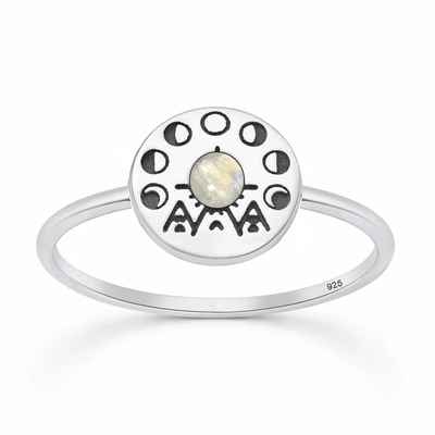 Sterling Silver Oxidized And Polished Tribal Moon Phase Moonstone Stone Ring
