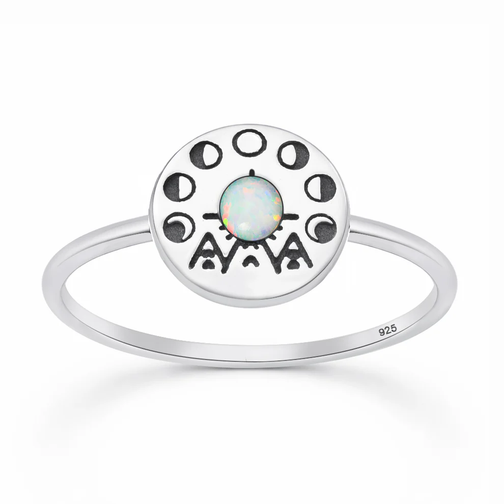 Sterling Silver Oxidized And Polished Tribal Moon Phase White Lab Opal Ring