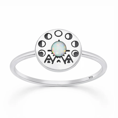 Sterling Silver Oxidized And Polished Tribal Moon Phase White Lab Opal Ring