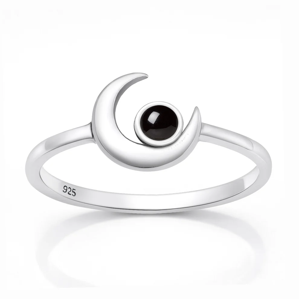 Sterling Silver Oxidized And Polished Crescent Moon Black Onyx Stone Ring