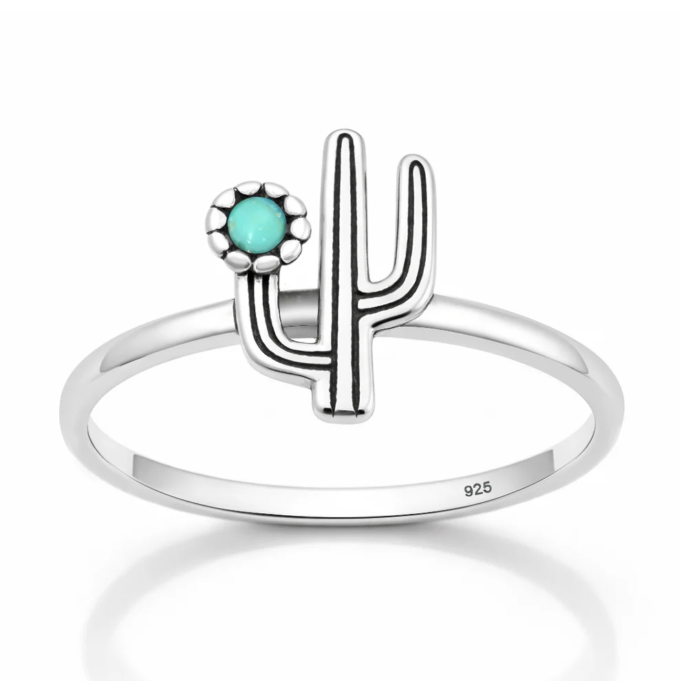 Sterling Silver Oxidized And Polished Cactus Genuine Turquoise Stone Ring