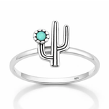 Sterling Silver Oxidized And Polished Cactus Genuine Turquoise Stone Ring