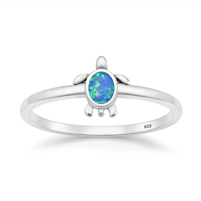 Sterling Silver Oxidized And Polished Turtle Blue Lab Opal Ring