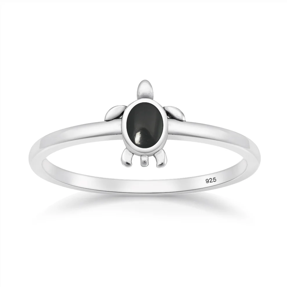 Sterling Silver Oxidized And Polished Turtle Black Onyx Stone Ring