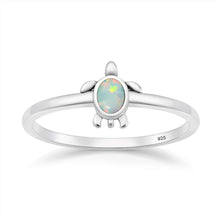 Load image into Gallery viewer, Sterling Silver Oxidized And Polished Turtle White Lab Opal Ring