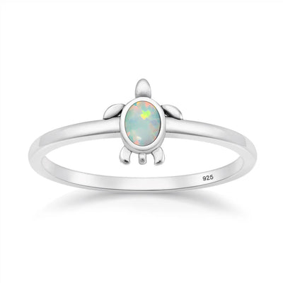 Sterling Silver Oxidized And Polished Turtle White Lab Opal Ring