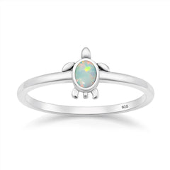 Sterling Silver Oxidized And Polished Turtle White Lab Opal Ring