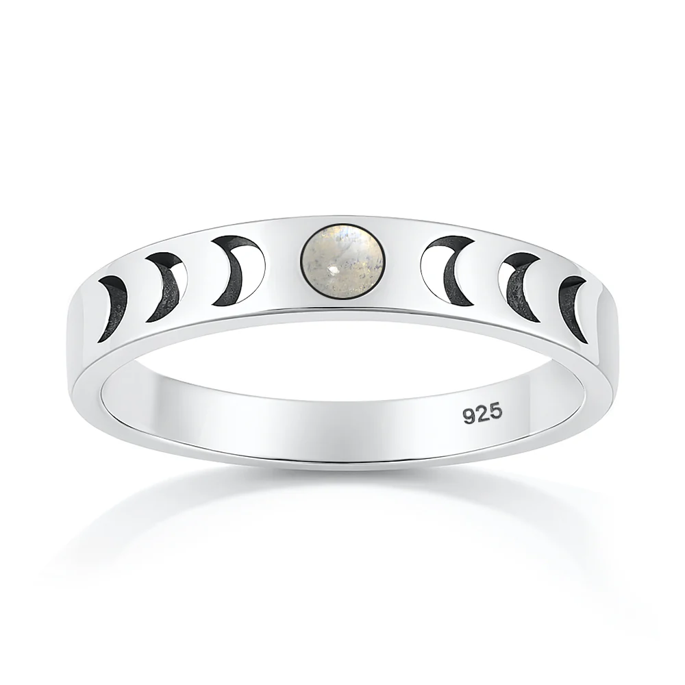 Sterling Silver Oxidized And Polished Moon Phases Moonstone Stone Ring