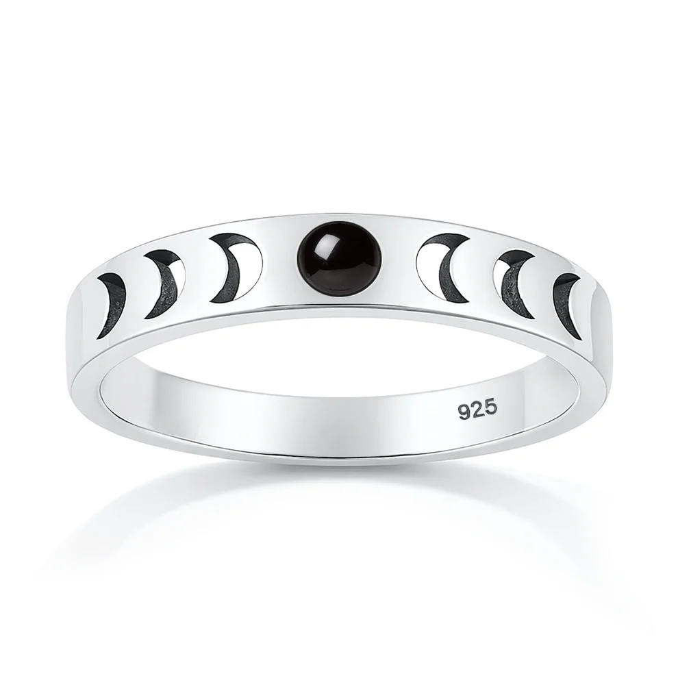 Sterling Silver Oxidized And Polished Moon Phases Black Onyx Stone Ring