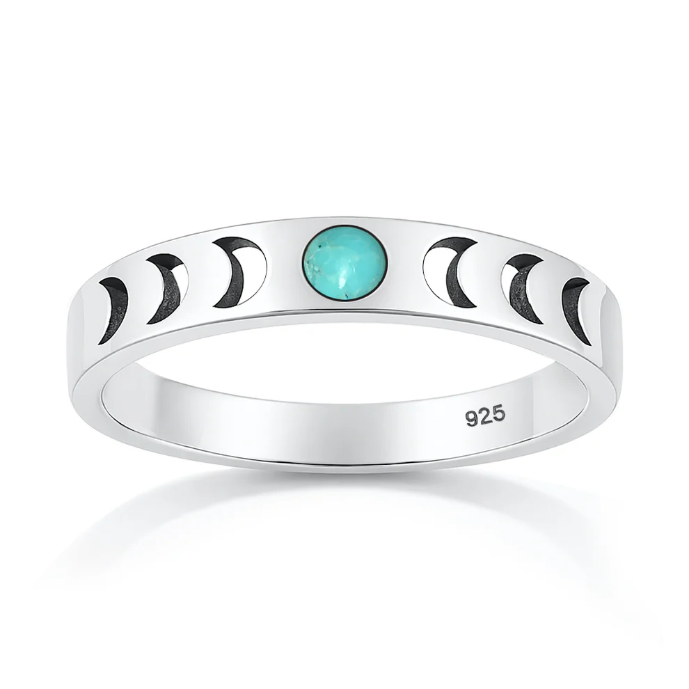 Sterling Silver Oxidized And Polished Moon Phases Genuine Turquoise Stone Ring