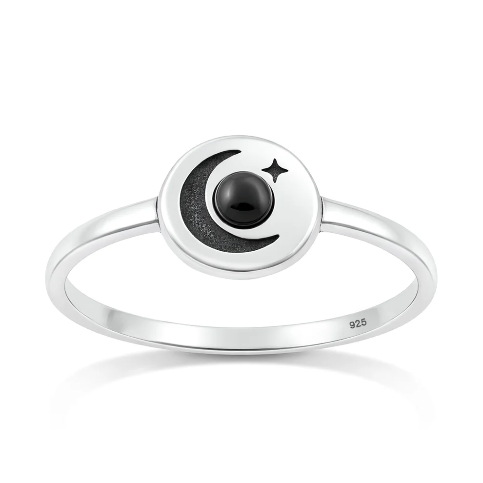 Sterling Silver Oxidized And Polished Moon And Star Black Onyx Stone Ring