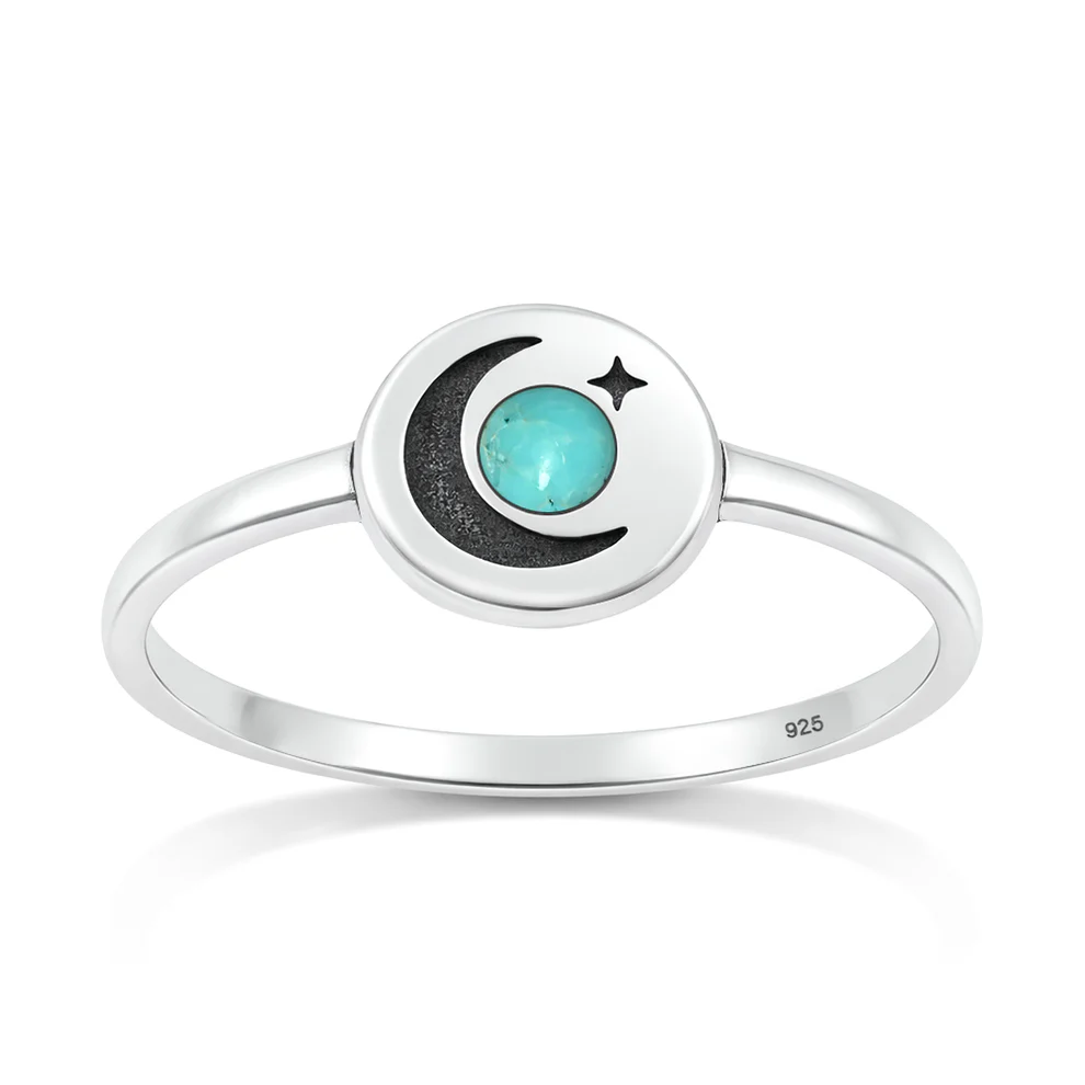 Sterling Silver Oxidized And Polished Moon And Star Genuine Turquoise Stone Ring