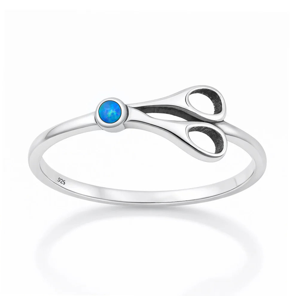 Sterling Silver Oxidized And Polished Scissors Blue Lab Opal Ring