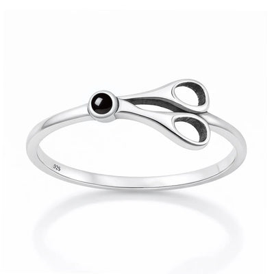 Sterling Silver Oxidized And Polished Scissors Black Agate Stone Ring