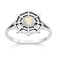 Sterling Silver Oxidized And Polished Spiderweb Moonstone Ring
