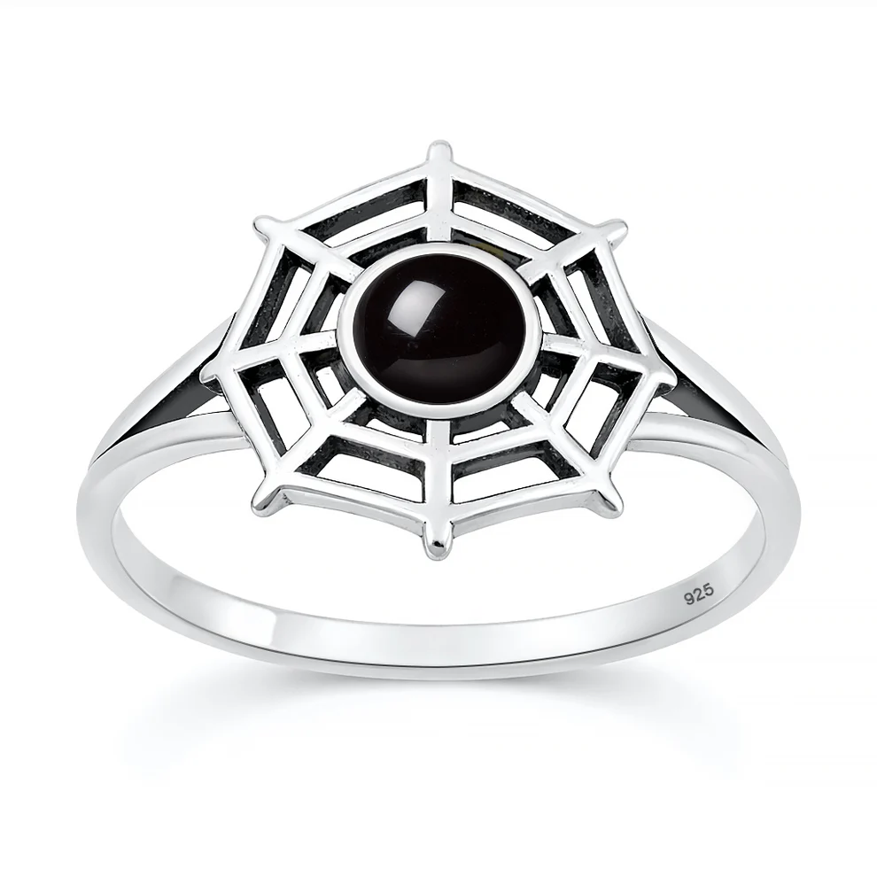 Sterling Silver Oxidized And Polished Spiderweb Black Onyx Stone Ring