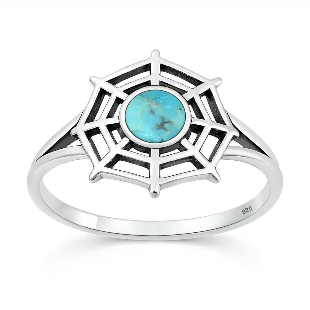 Sterling Silver Oxidized And Polished Spiderweb Turquoise Stone Ring