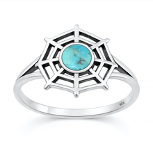 Load image into Gallery viewer, Sterling Silver Oxidized And Polished Spiderweb Turquoise Stone Ring