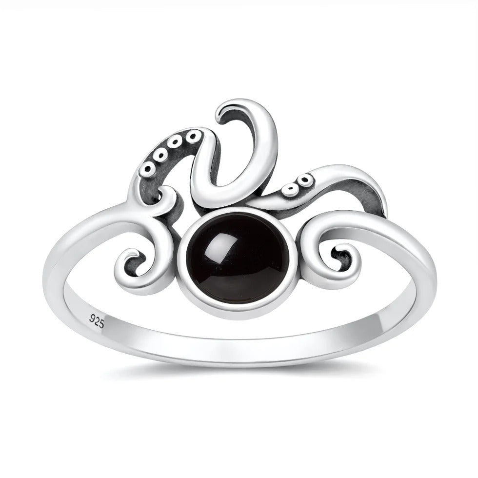 Sterling Silver Oxidized And Polished Octopus Tentacles Black Agate Stone Ring