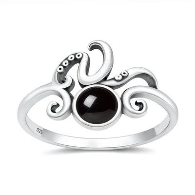 Sterling Silver Oxidized And Polished Octopus Tentacles Black Agate Stone Ring