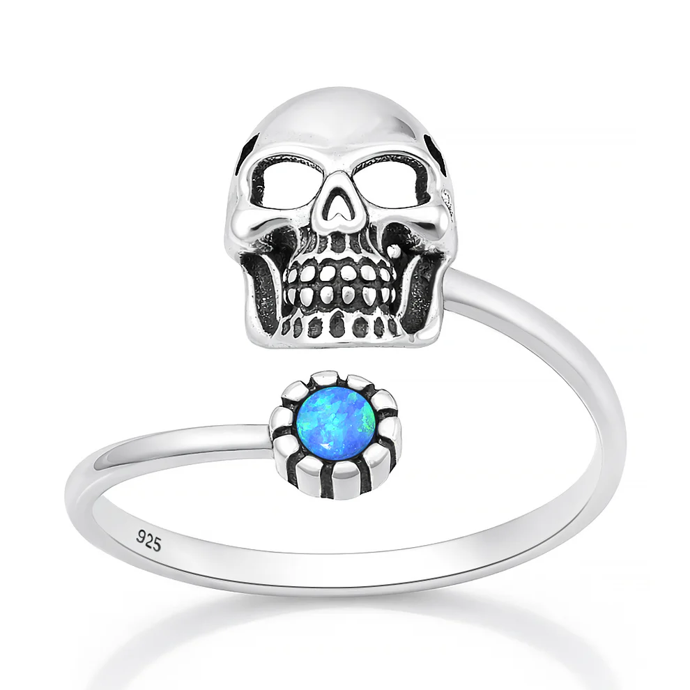 Sterling Silver Oxidized And Polished Skull Blue Lab Opal Ring