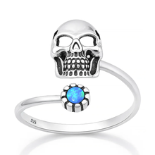 Load image into Gallery viewer, Sterling Silver Oxidized And Polished Skull Blue Lab Opal Ring