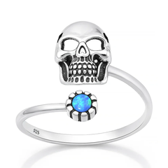 Sterling Silver Oxidized And Polished Skull Blue Lab Opal Ring