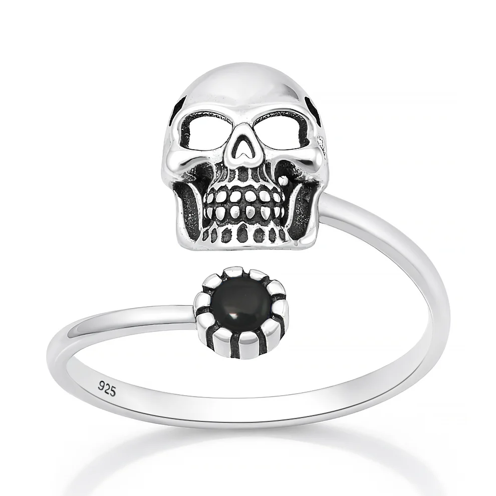 Sterling Silver Oxidized And Polished Skull Black Onyx Stone Ring