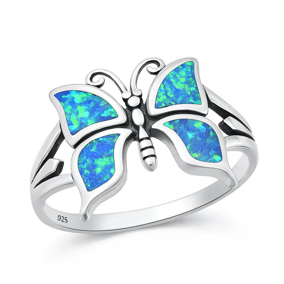 Sterling Silver Oxidized And Polished Butterfly Blue Lab Opal Ring