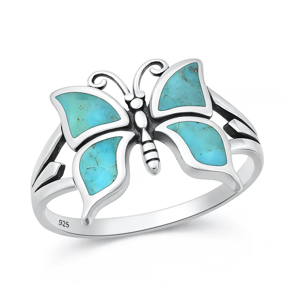 Sterling Silver Oxidized And Polished Butterfly Turquoise Stone Ring