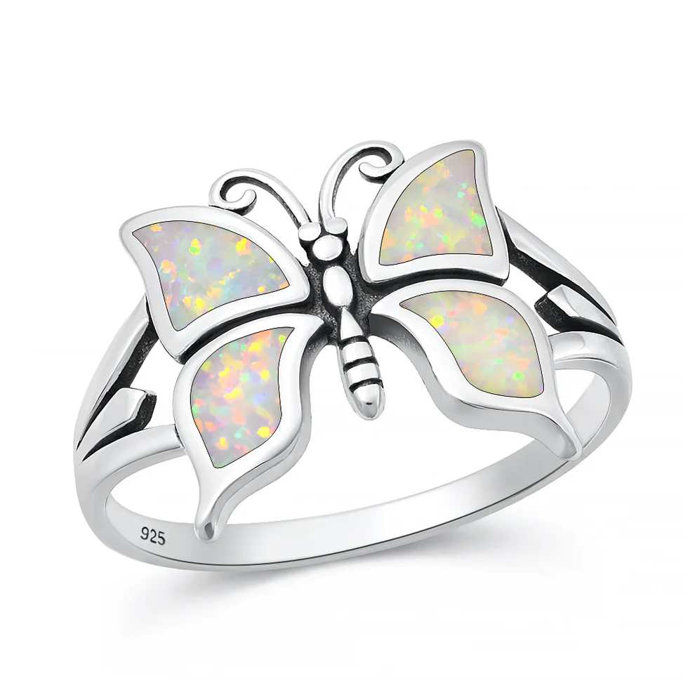 Sterling Silver Oxidized And Polished Butterfly White Lab Opal Ring