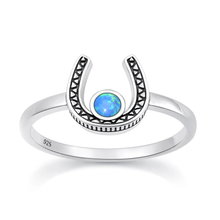 Load image into Gallery viewer, Sterling Silver Oxidized And Polished Horseshoe Blue Lab Opal Ring