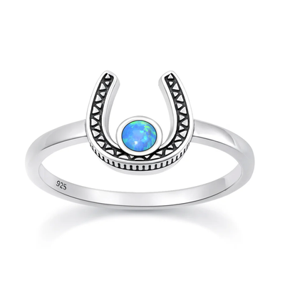 Sterling Silver Oxidized And Polished Horseshoe Blue Lab Opal Ring