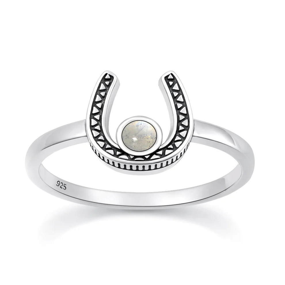 Sterling Silver Oxidized And Polished Horseshoe Moonstone Stone Ring