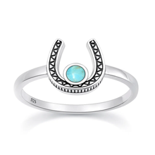 Load image into Gallery viewer, Sterling Silver Oxidized And Polished Horseshoe Turquoise Stone Ring