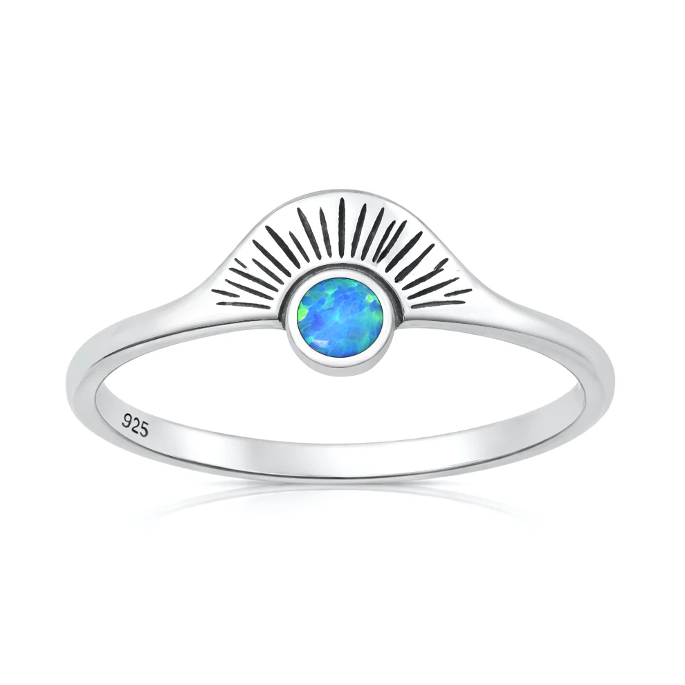 Sterling Silver Oxidized And Polished Sunburst Blue Lab Opal Ring