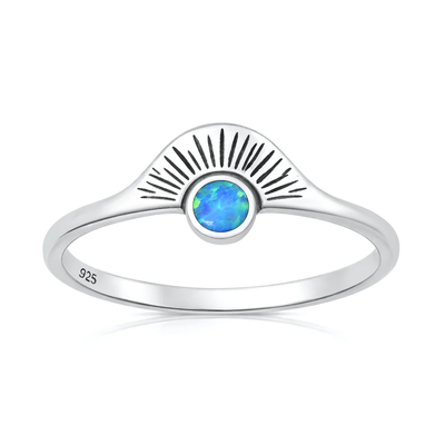 Sterling Silver Oxidized And Polished Sunburst Blue Lab Opal Ring