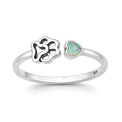 Sterling Silver Oxidized And Polished Paw Print White Lab Opal Ring