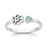 Sterling Silver Oxidized And Polished Paw Print White Lab Opal Ring