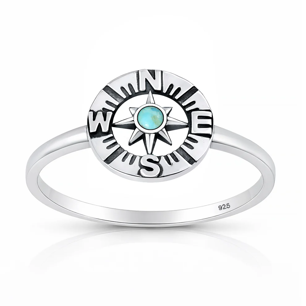 Sterling Silver Oxidized And Polished Compass Genuine Turquoise Stone Ring