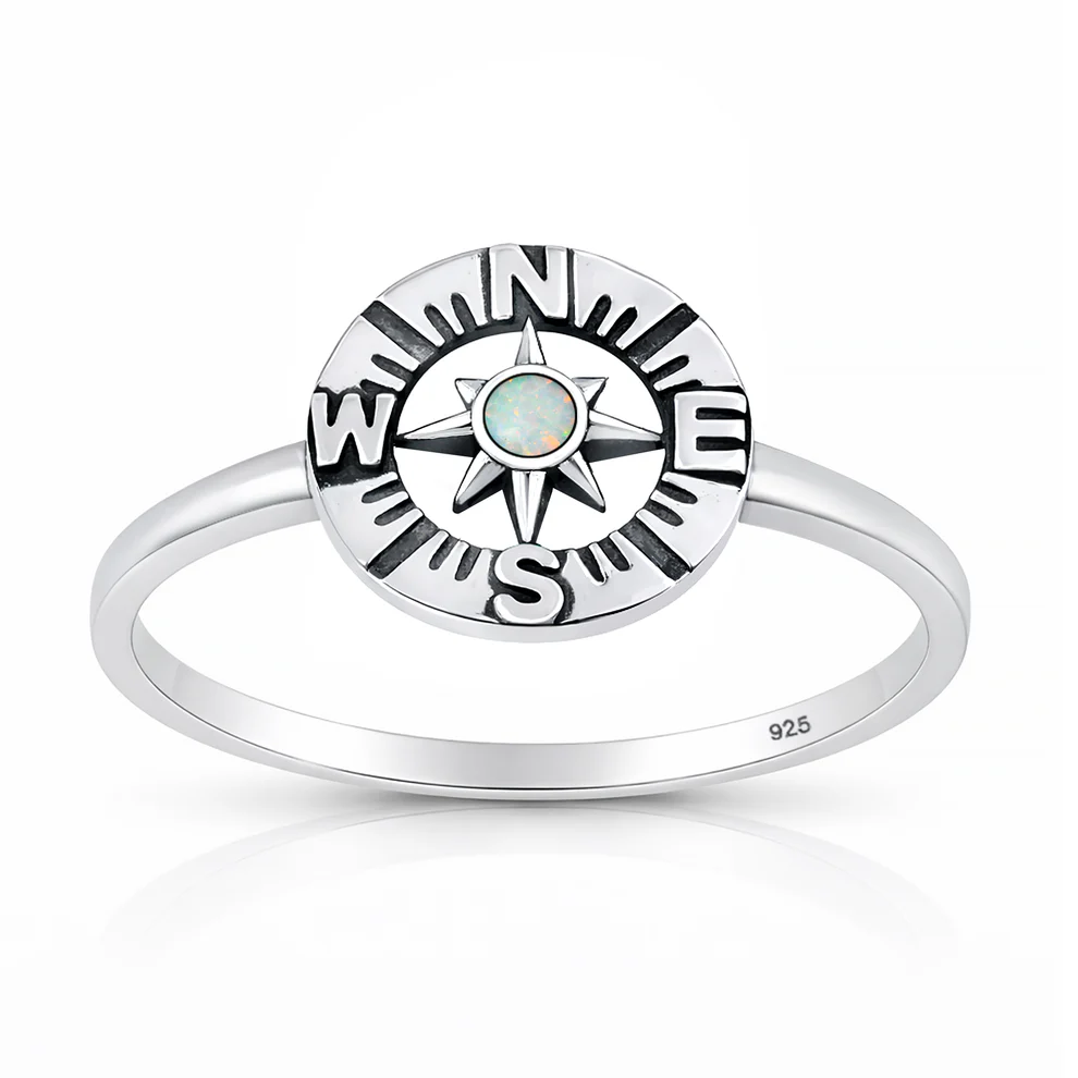 Sterling Silver Oxidized And Polished Compass White Lab Opal Ring