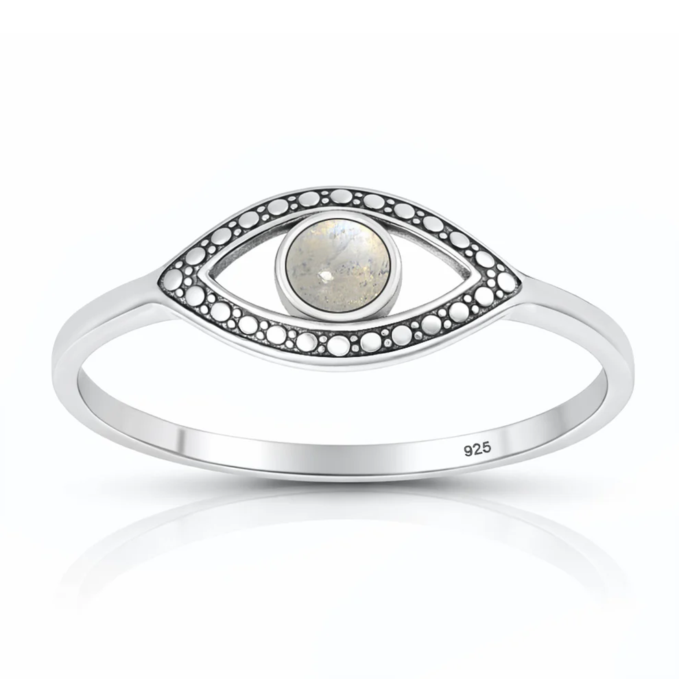 Sterling Silver Oxidized And Polished Evil Eye Moonstone Stone Ring