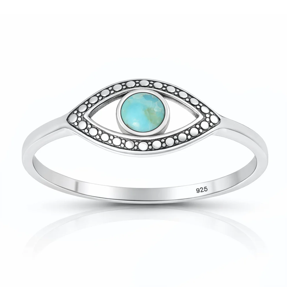 Sterling Silver Oxidized And Polished Evil Eye Genuine Turquoise Stone Ring