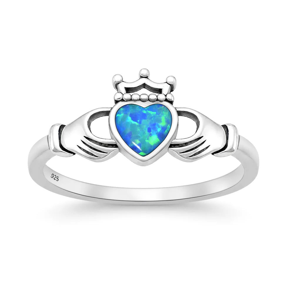 Sterling Silver Oxidized And Polished Blue Lab Opal Claddagh Ring