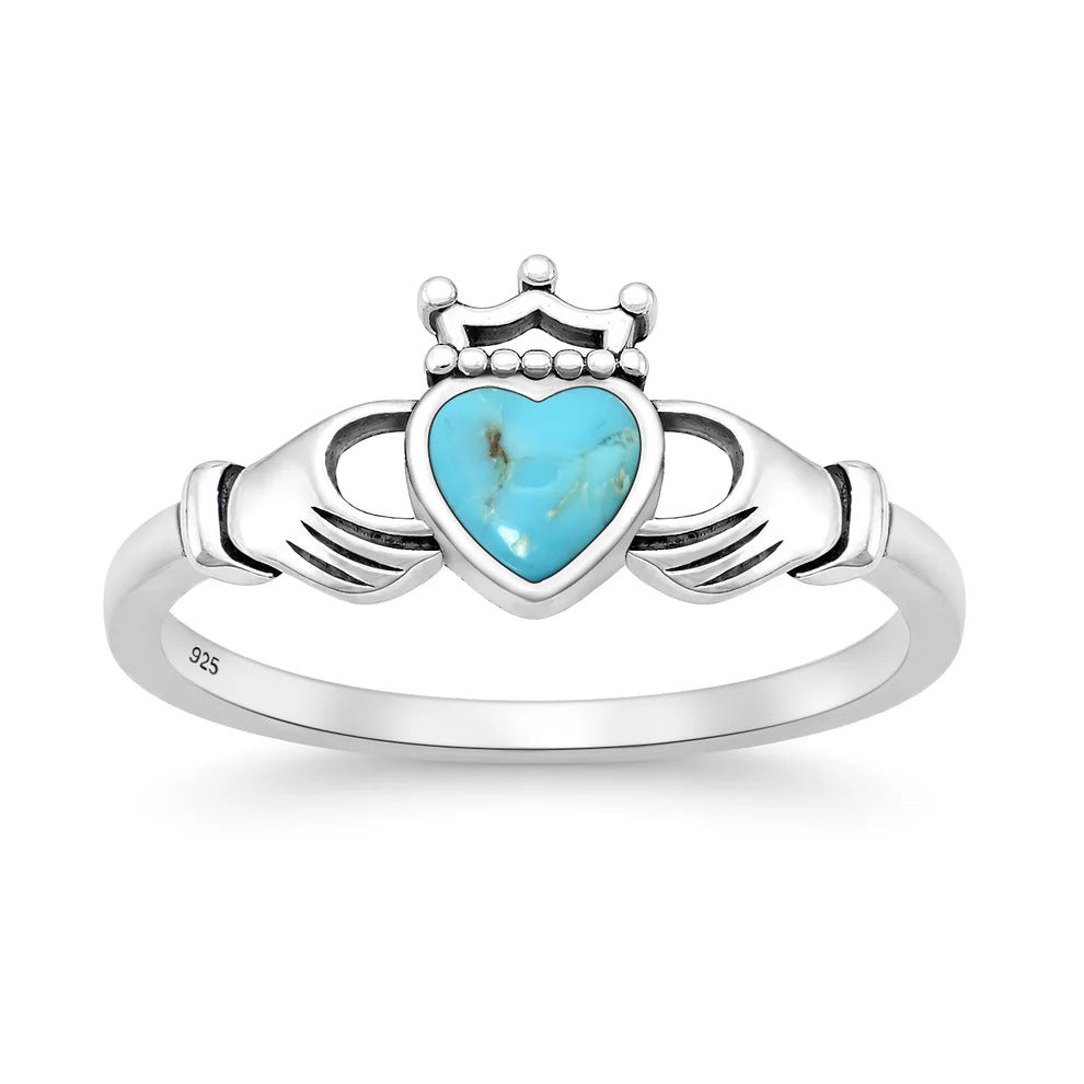 Sterling Silver Oxidized And Polished Turquoise Claddagh Ring